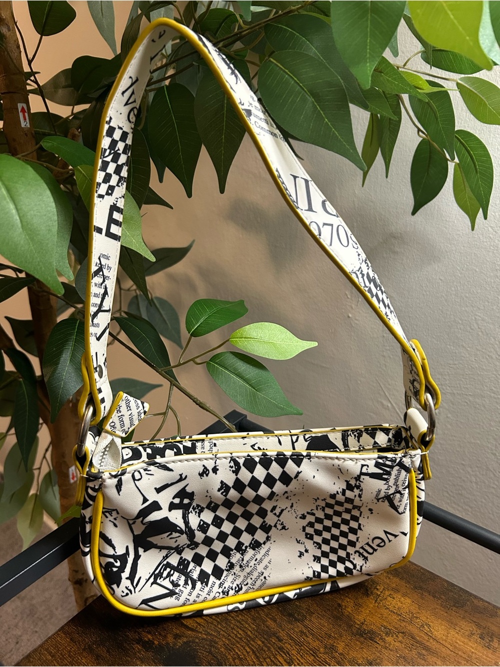 ASOS White & Black Graphic Shoulder Bag with Yellow Trim